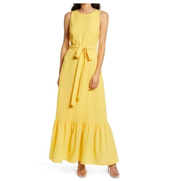 Charles Henry Belted Sleeveless Maxi Dress, Size Large - Sunshine - Picture 1 of 7